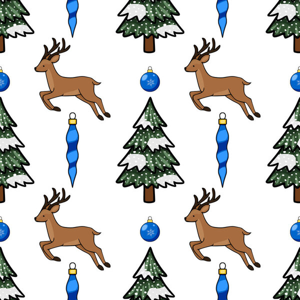 Бесшовный векторный рисунок зимних лесов с прыгающими оленями, заснеженными рождественскими елками, яркими голубыми сосульками и орнаментами.