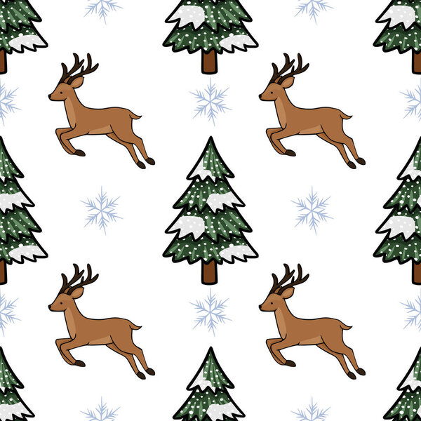 Очаровательный векторный бесшовный рисунок с прыгающими оленями и заснеженными соснами с деликатными снежинками, напоминающий причудливую зимнюю лесную сцену.