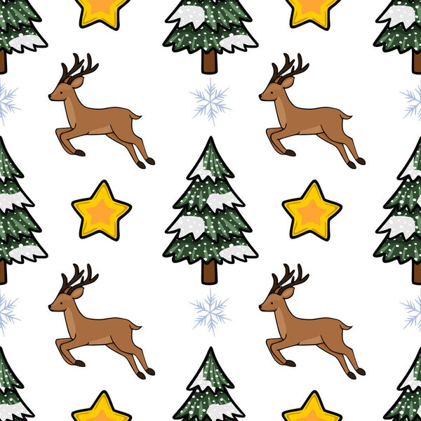 Бесшовный векторный рисунок с игривыми оленями, заснеженными елками и светящимися звездами с нежными снежинками.
