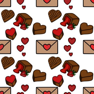 Çikolata kalpler, çilek dolgulu çikolatalar ve temiz beyaz bir arkaplan üzerine kurulmuş kalp mühürlü zarflar da dahil olmak üzere çeşitli sevgililer günü hediyelerini içeren büyüleyici bir vektör deseni..