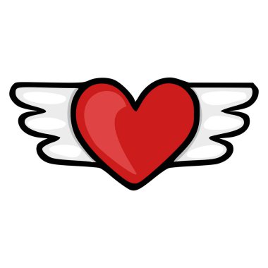 Beyaz kanatlı canlı kırmızı bir kalp. Temiz bir vektör çizimi olarak tasvir edilmiş. Siyah çizgiler, aşkı ve özgürlüğü sembolize ediyor..