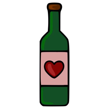 Kalp şeklinde etiketle süslenmiş yeşil bir şişenin tuhaf bir temsili. Romantik temalar ve kutlamalar için mükemmel..