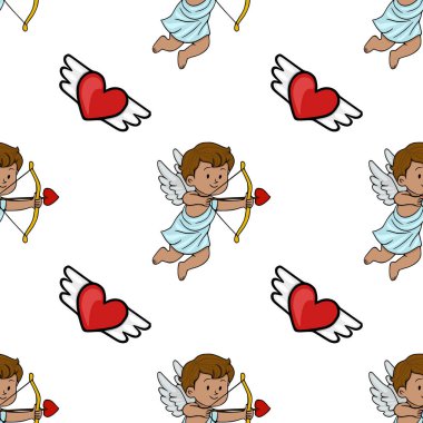 Kanatlı kırmızı kalplerin yanında, romantik ya da şenlikli desenler için mükemmel, temiz beyaz bir arkaplan ile hazırlanmış, yay ve oklarla dolu, büyüleyici bir vektör kusursuz desen....