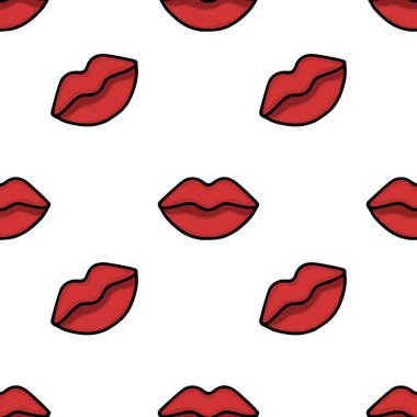 Siyah çizgili, biçimlendirilmiş kırmızı dudakların kusursuz vektör deseni oyuncu ve romantik bir arkaplan oluşturur..