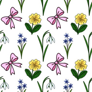 Zarif bahar çiçekleri, kar damlaları ve çuha çiçekleri gibi pürüzsüz bir desen. Temiz beyaz arka planda tatlı pembe fiyonklarla birleştirilmiş..