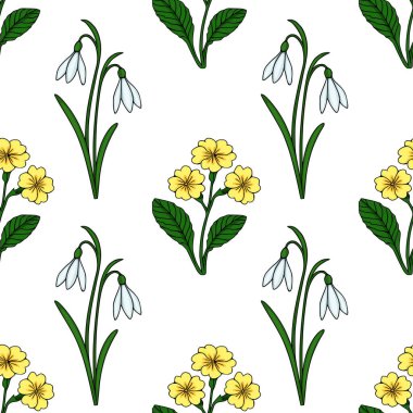 Zarif kar damlaları ve temiz beyaz arka planda neşeli sarı çuha çiçekleri içeren kusursuz bir vektör deseni, taze bir bahar bahçesi atmosferini çağrıştırıyor..