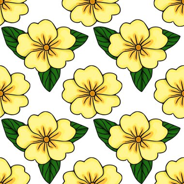 Beyaz arka planda yeşil yapraklı neşeli sarı çuha çiçeklerinin kusursuz vektör deseni, parlak bir bahar havasını çağrıştırıyor..