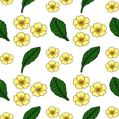 Pürüzsüz vektör deseni; neşeli sarı çuha çiçekleri ve parlak yeşil yapraklarla bembeyaz arka planda, ilkbahar ve doğal güzelliği çağrıştırıyor..