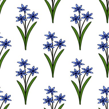 Yeşil saplı ve beyaz arkaplanda yapraklı narin mavi scilla çiçeklerinin kusursuz vektör deseni.