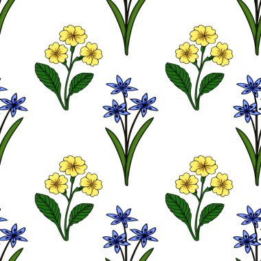 Beyaz arkaplanda yeşil yapraklı stilize sarı çuha çiçekleri ve mavi scilla çiçekleri içeren kusursuz vektör deseni.