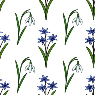 Narin kar damlaları ve yeşil saplı ve yapraklı canlı mavi scilla çiçeklerinden oluşan kusursuz bir vektör deseni, taze bir ilkbahar estetiğini çağrıştırıyor..