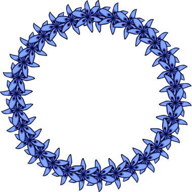Siyah merkezli zarif dairesel bir çerçeve oluşturan, tekrar eden biçimlendirilmiş mavi scilla çiçeklerinden oluşan hassas bir vektör çelengi..
