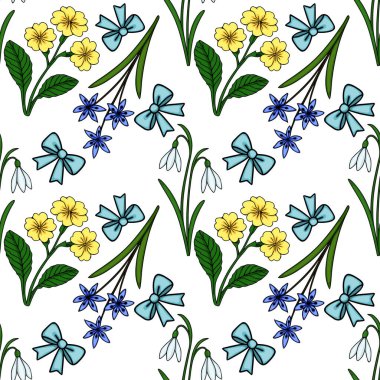 Beyaz arka planda narin bahar çiçekleri, mavi yaylar ve kar damlaları içeren büyüleyici vektör deseni.