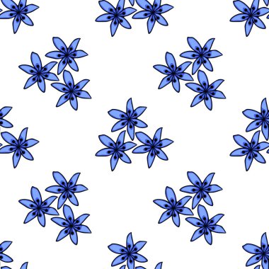 Siyah merkezli narin mavi scilla yıldız şeklindeki çiçeklerin kusursuz vektör deseni, beyaz bir arkaplan üzerine kurulmuş, basit bir zarafet ve doğal güzelliği çağrıştırıyor..
