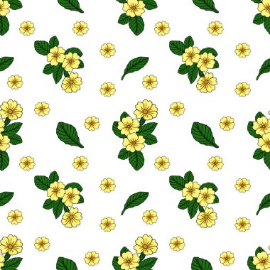 Beyaz arka planda yeşil yapraklı, narin sarı çuha çiçeği deseni neşeli bir bahar estetiğini çağrıştırıyor..