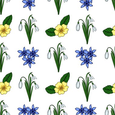 Zarif kar damlaları, canlı mavi scilla çiçekleri ve temiz beyaz arka planda neşeli sarı çuha çiçekleri içeren büyüleyici, pürüzsüz bir desen..