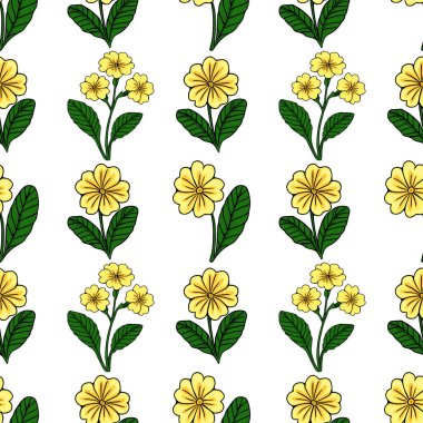 Beyaz arka planda yeşil yapraklı, parlak sarı çuha çiçeği desenli kusursuz vektör deseni neşeli ve doğal yinelenen bir tasarım yaratır..