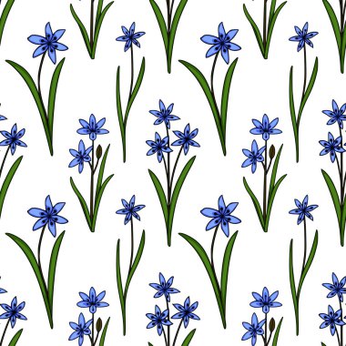 Beyaz arka planda yeşil yapraklı narin mavi scilla çiçeklerinin kusursuz vektör deseni, ilkbaharın erken dönemlerindeki çiçeklerin özünü yakalıyor..