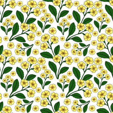 Beyaz arka planda koyu yeşil yaprakları olan neşeli sarı çiçekli kusursuz vektör deseni baharı ve doğanın narin güzelliğini çağrıştırıyor..