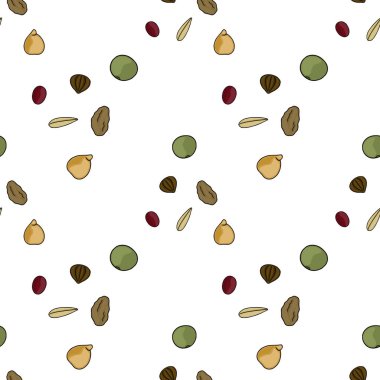 Bezelye, mercimek, ayçiçeği tohumu ve yulaf içeren çeşitli kurutulmuş tahıl ve tohumlardan oluşan kusursuz bir vektör deseni..