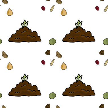Tohumlar ve dağınık tohumlarla dolu toprak tepeciklerinin kusursuz vektör deseni.