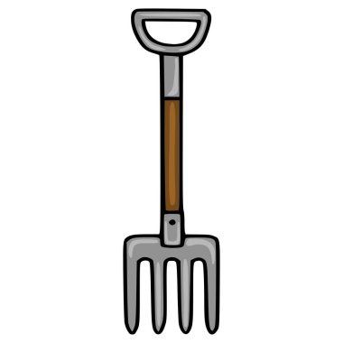 D şeklinde saplı ve dört dişli, sade beyaz bir arka planda sunulan bir bahçe dirgeninin basit, stilize edilmiş bir vektör çizimi..