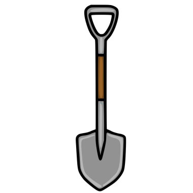 Beyaz arka planda izole edilmiş gri metal başlı ve kahverengi ahşap saplı bir bahçe küreğinin temiz, stilize edilmiş bir temsili..