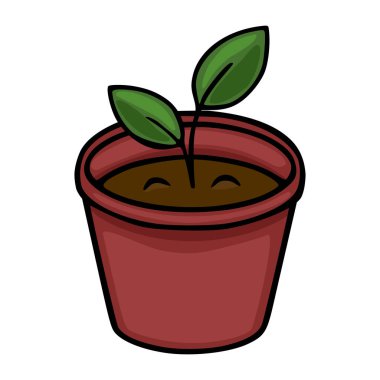 Kırmızı-kahverengi bir tencerede koyu topraktan büyüyen iki yeşil yapraklı küçük bir bitkinin basit bir vektör çizimi, beyaz arka planda sunuluyor..