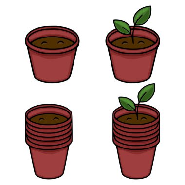 Tapılası vektör illüstrasyon seti, bazıları boş, bazıları küçük yeşil fidanlı, büyüme aşamalarını tasvir ediyor..
