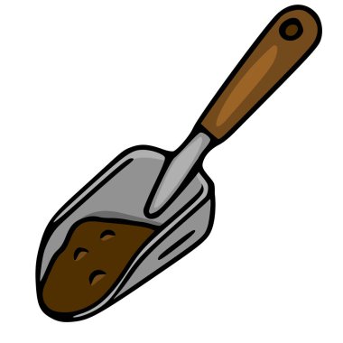 Toprakla dolu bir bahçe malasının elle çizilmiş vektör çizimi, beyaz arka planda izole edilmiş ahşap bir kulp ve metalik bir kepçe içeriyor..