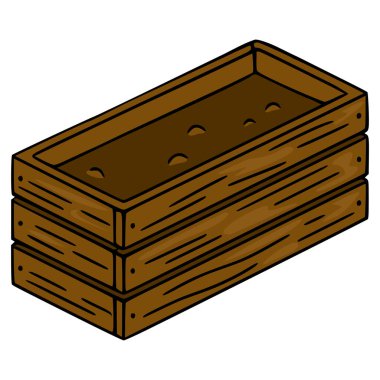 Toprak ve küçük girintilerle dolu ahşap bir bitki kutusunun basit bir vektör çizimi, düz, grafik şeklinde, kalın siyah çizgilerle çizilmiş..