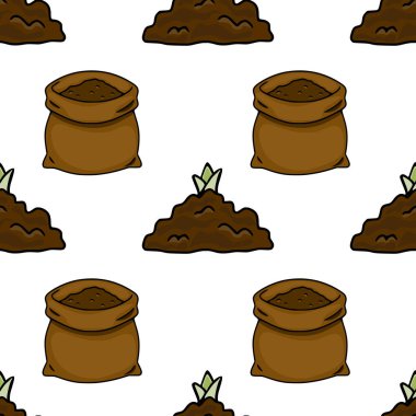 Toprak ve küçük yeşil filizlerle dolu çizgi film tarzı kahverengi çuvallar içeren kusursuz vektör deseni, bir bahçıvanlık ya da tarım temasını çağrıştırıyor..