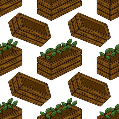 Beyaz arka planda izole edilmiş yeşil lahanalı ahşap bahçe ekicilerinin kusursuz vektör deseni büyüleyici ve organik bir bahçıvanlık teması yaratıyor..