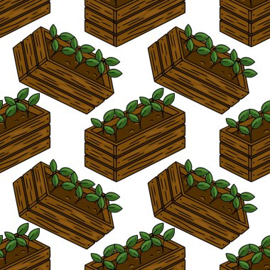 Toprakta büyüyen genç yeşil fidanları olan ahşap ekicilerin kusursuz vektör deseni, büyüleyici, el yapımı bir şekilde resmedilmiş..