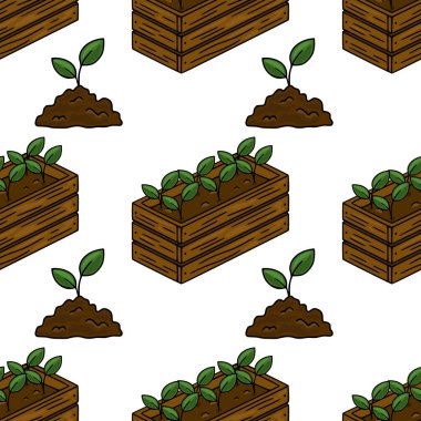 Canlı yeşil fidanlarla ve küçük kahverengi toprak yığınlarıyla dolu izometrik ahşap ekiciler içeren büyüleyici, pürüzsüz bir vektör deseni büyüme ve bahçıvanlık hissi uyandırıyor..