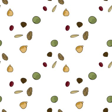 Bezelye, mercimek, ayçiçeği tohumu ve yulaf içeren çeşitli kurutulmuş tahıl ve tohumlardan oluşan kusursuz bir vektör deseni..
