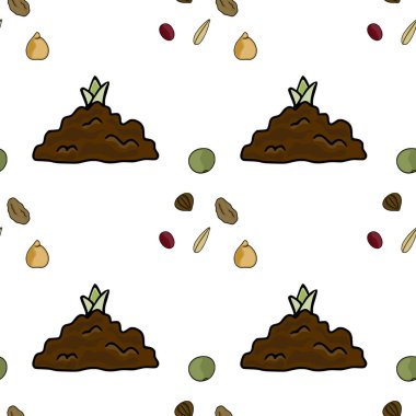 Tohumlar ve dağınık tohumlarla dolu toprak tepeciklerinin kusursuz vektör deseni.