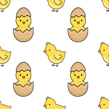 Kahverengi yumurta kabuklarından yumurtadan çıkan sevimli sarı civcivler bahar ve Paskalya temaları için kusursuz bir vektör deseni oluşturuyor..