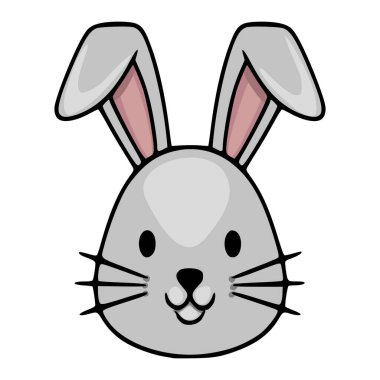 Uzun kulaklı ve bıyıklı sevimli gri tavşan yüzlü, Paskalya ve bahar temaları için eğlenceli bir vektör çizimi.