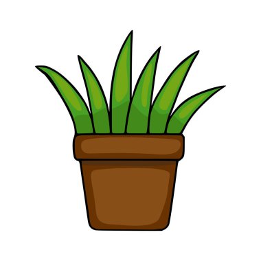 Canlı yeşil yaprakları ve ev dekorasyonu veya botanik teması için mükemmel olan basit bir kahverengi tenceresi olan aloe vera bitkisinin büyüleyici bir vektör çizimi..