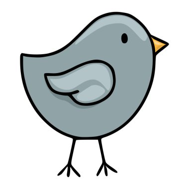 Sarı gagalı, siyah çizgili, beyaz arka planda ince bacaklar üzerinde duran sevimli, tombul gri bir kuşun basit vektör çizimi..