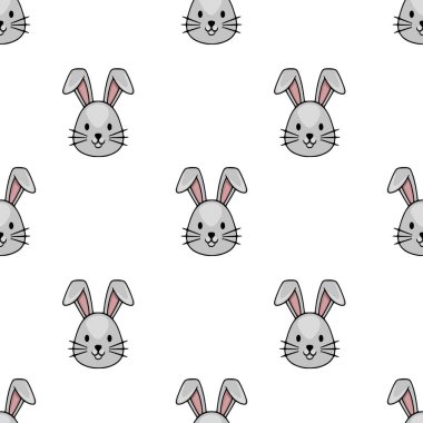 Pembe iç kulakları ve basit siyah çizgileri olan şirin, minimalist gri tavşan yüzlerinin kusursuz vektör deseni, Paskalya ve çocuk temaları için mükemmel..