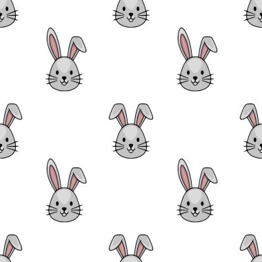 Pembe iç kulakları ve minimalist siyah çizgileri olan, neşeli arka planlar ve şenlikli tasarımlar için mükemmel sevimli gri tavşan yüzlerinin kusursuz vektör deseni..