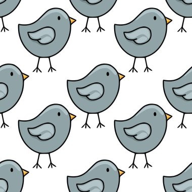 Beyaz arka planda sarı gagalı ve siyah çizgili şirin, stilize gri kuşların kusursuz vektör deseni..