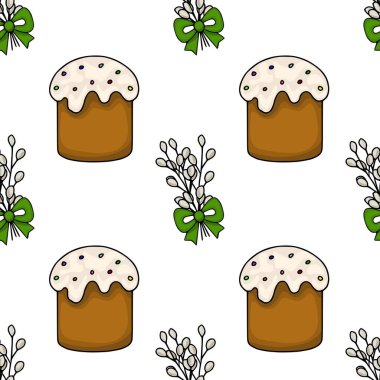 Seamless vector pattern of stylized Easter cakes and pussy willow branches with green bows, celebrating spring holidays.