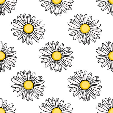 Temiz beyaz bir arkaplan üzerinde parlak sarı merkezler ve taze, doğal bir estetiği çağrıştıran el yapımı papatyalar içeren kusursuz bir vektör deseni..