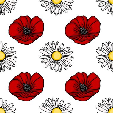 Parlak kırmızı gelinciklerin ve sarı merkezli narin beyaz papatyaların kusursuz vektör deseni, temiz beyaz arka planda, büyüleyici bir çiçekli estetiği çağrıştırıyor..