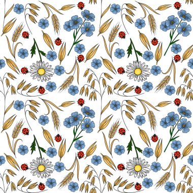 Kusursuz uğurböceği deseni, narin mavi keten çiçekleri, altın buğday kulakları ve beyaz arka planda beyaz papatyalar, tuhaf bir yaz otlağını çağrıştırıyor..