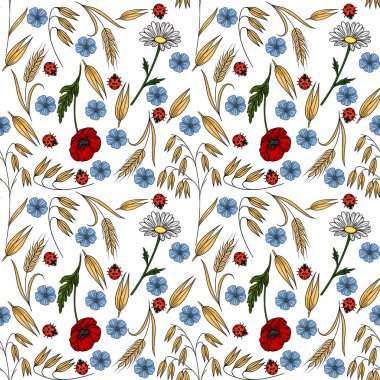 Beyaz arka planda uğur böcekleri, gelincikler, papatyalar, keten çiçekleri ve buğday saplarını içeren kusursuz vektör deseni büyüleyici bir çayır estetiğini çağrıştırıyor..