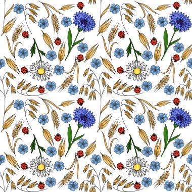 Zarif uğur böcekleri, narin mavi keten çiçekleri, papatyalar ve beyaz arka planda altın buğday ve yulaf sapları içeren kusursuz vektör deseni..